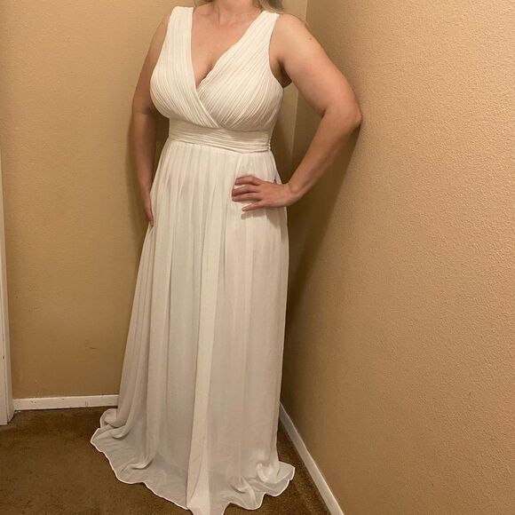 White V-Neck formal Evening wedding Dress maxi gown Floor Length XL 12-14 - Picture 3 of 15